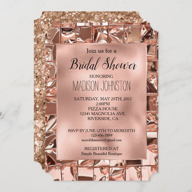 Invitación Ducha de Novia Glam Rosa Dorado Cuadrados Brillo (Anverso / Reverso)