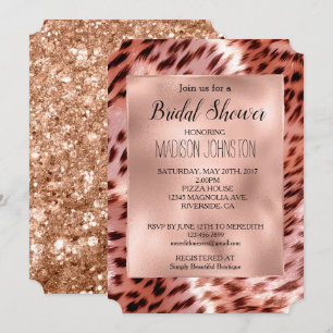 Invitación Ducha de Novia Glam Rosa Dorado Leopardo Animal