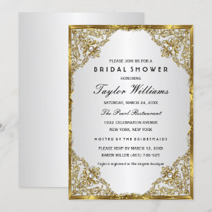 Invitación Ducha de Novia Glamour Vintage Oro Plata Perla