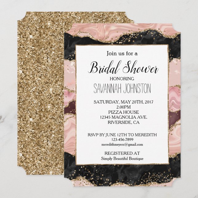 Invitación Ducha de novia glitzy negro rosa y borgoña de Rubo (Anverso / Reverso)