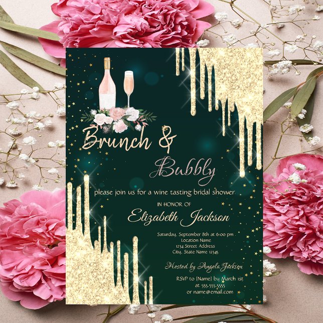Invitación Ducha de Novia Gold  Drips Green Brunch & Bubbly (Subido por el creador)