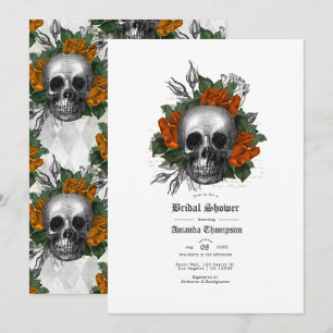Invitación Ducha de Novia Gótica Floral de Calavera Naranja