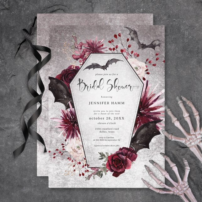 Invitación Ducha de novia gótica negra y borgoñona (Gothic Black & Burgundy Spooky Bridal Shower Invitation)