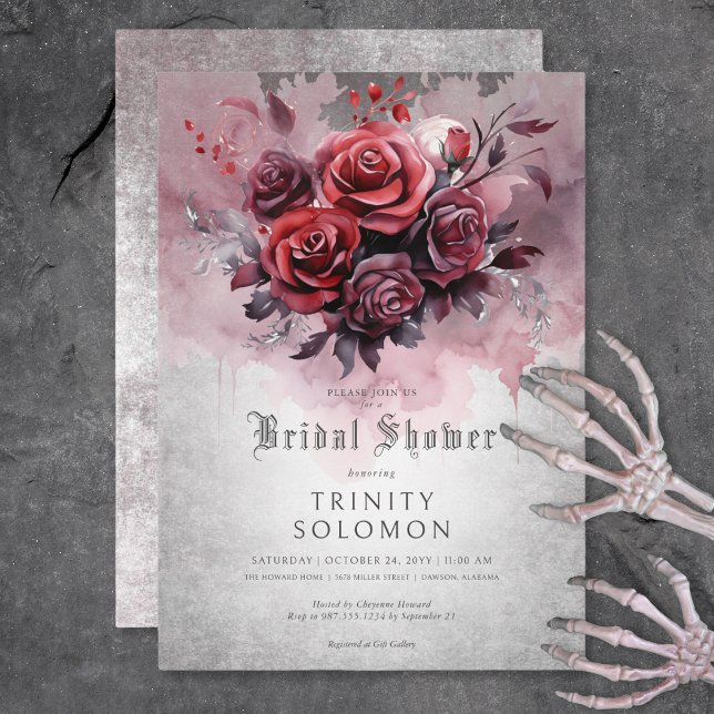 Invitación Ducha de novia gótica, negra y rosa roja (Gothic Black & Red Rose Floral Bridal Shower Invitation)