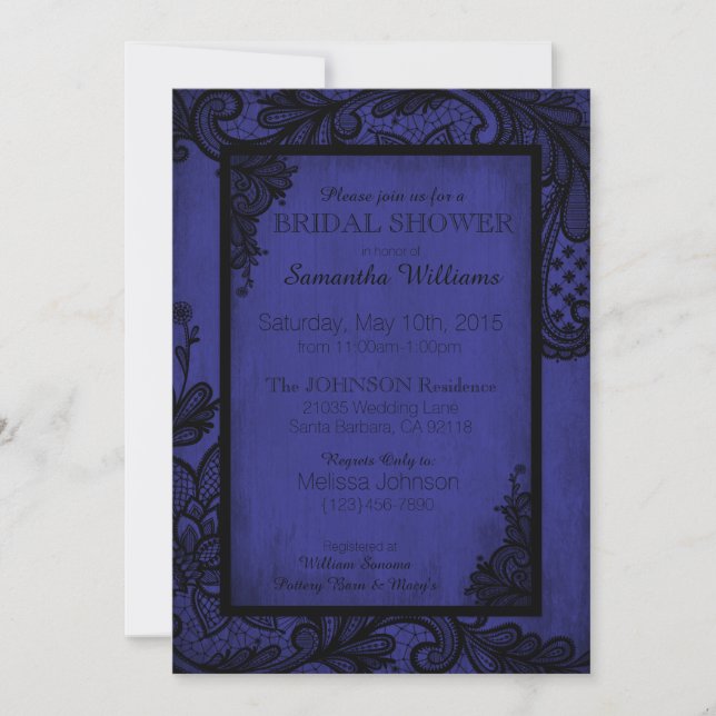 Invitación Ducha de novia gótica Royal Blue and Black Lace (Anverso)