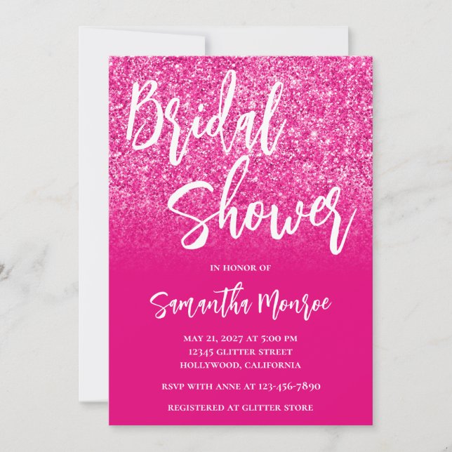 Invitación Ducha de Novia Gradiente de Purpurina Rosa Fuerte (Anverso)