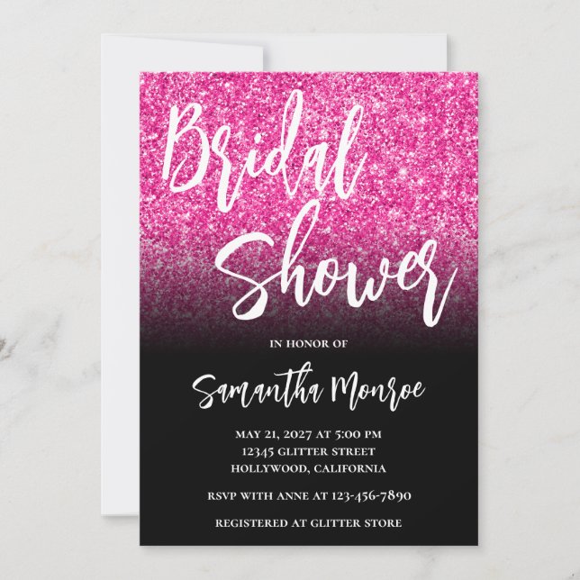 Invitación Ducha de Novia Gradiente Negro Brillo Rosa Fucsia (Anverso)