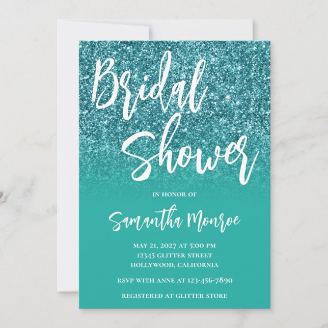 Invitación Ducha de Novia Gradiente Turquesa Brillo Verde Azu (Anverso)