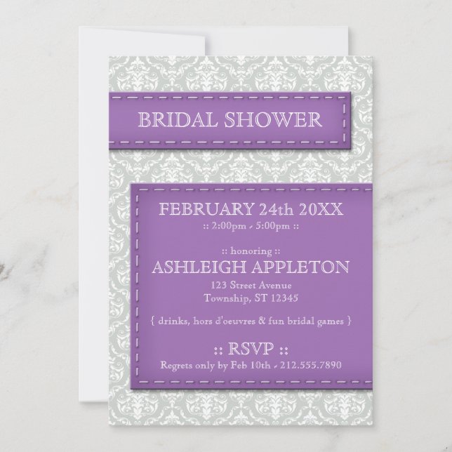 Invitación Ducha de novia Gray Damask Purple Stitl (Anverso)