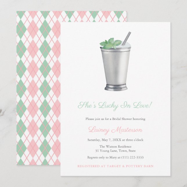 Invitación Ducha de Novia Handpainted Mint Julep Argyle Derby (Anverso / Reverso)