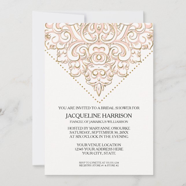Invitación Ducha de novia Hermosa Lace Look Damask Wedding (Anverso)