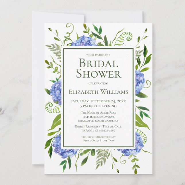 Invitación Ducha de Novia Hortensias Azules (Anverso)