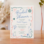 Invitación Ducha de novia ilustrada con mano retro<br><div class="desc">Celebre el amor con estilo con nuestra encantadora invitación Retro Francesa rosa, verde, azul y beige a la ducha de novia. Este diseño francés vintage de dibujos a mano desprende elegancia y calidez, con delicados calamares, arcos ondulados y complicados bocetos de comida y bebida, como copas de vino, cócteles y...</div>