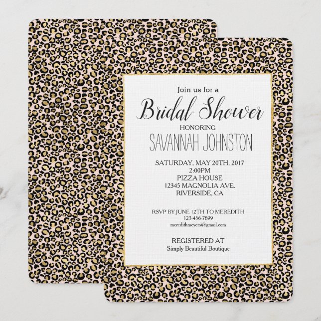 Invitación Ducha de novia impresa de leopardo dorado rosado d (Anverso / Reverso)