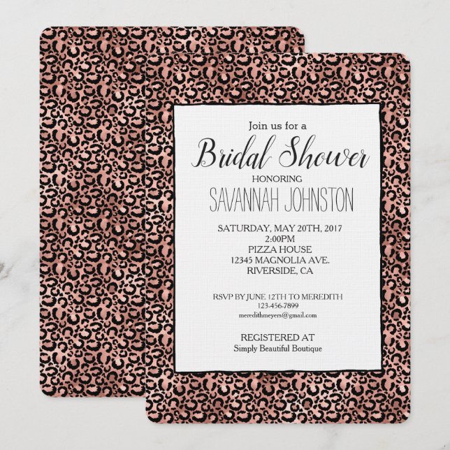 Invitación Ducha de novia impresa de leopardo negro rosa (Anverso / Reverso)