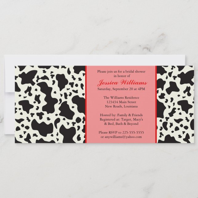 Invitación Ducha de novia impresa en vaca roja (Anverso)
