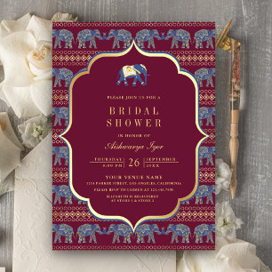 Invitación Ducha de Novia India Elefante de Borgoña y Dorado