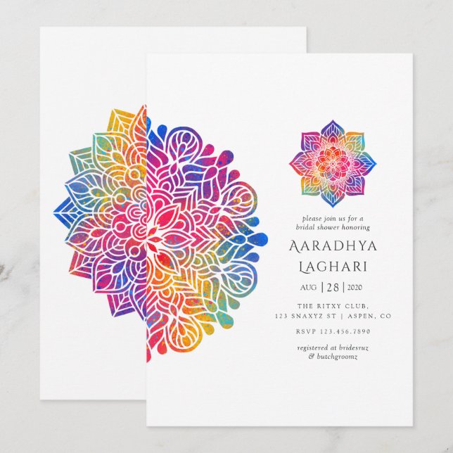 Invitación ducha de novia india Rainbow Mandala (Anverso / Reverso)