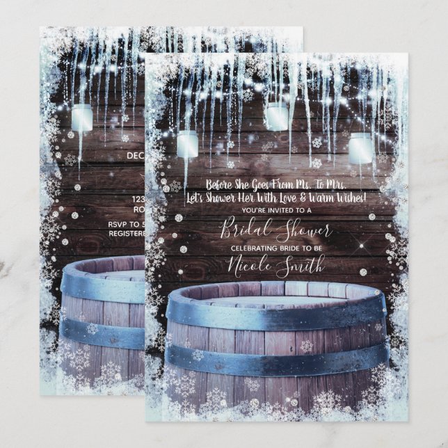 Invitación Ducha de Novia Invernal con Barril de Madera Rústi (Anverso / Reverso)