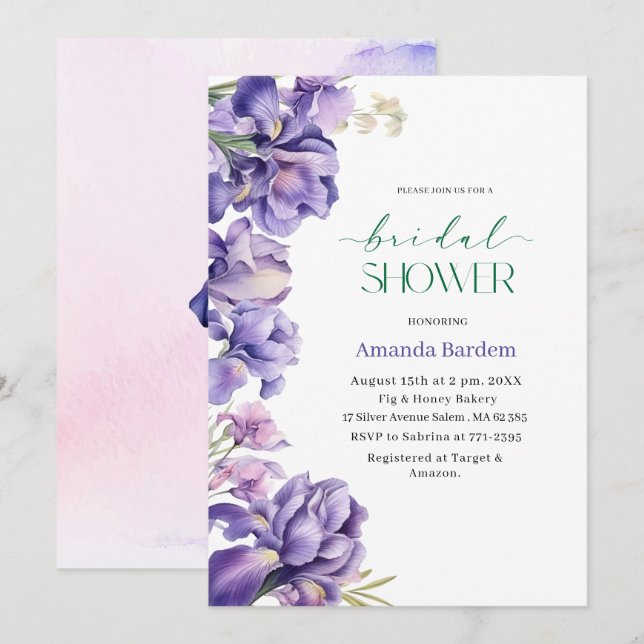 Invitación ducha de novia IRIS FLOWER Watercolor (Anverso / Reverso)