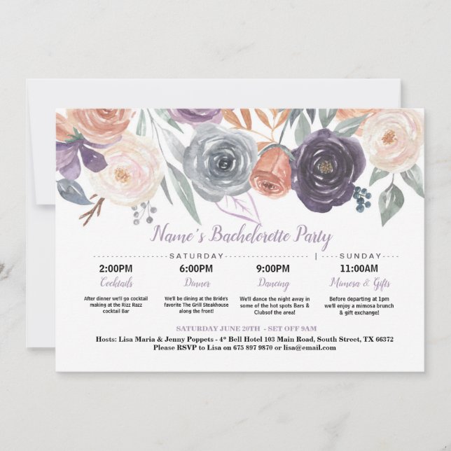 Invitación Ducha de novia Itinerario Caída Peach Purple Crema (Anverso)