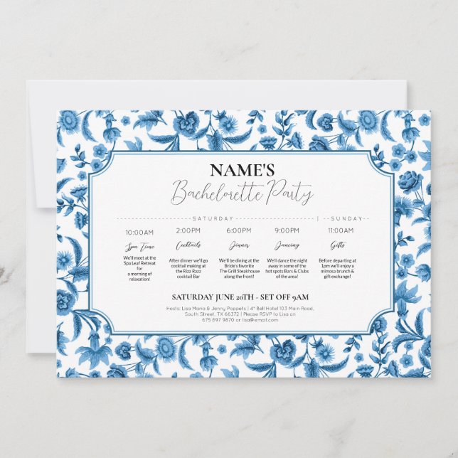 Invitación Ducha de novia Itinerario Chintz Floral azul y bla (Anverso)