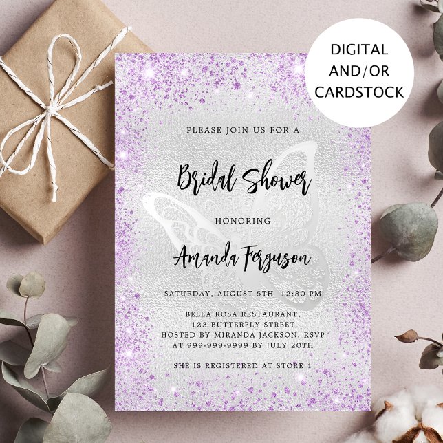 Invitación Ducha de novia lavanda de plata purpurina mariposa (Subido por el creador)
