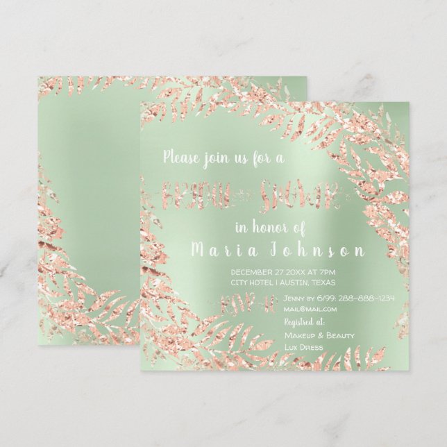 Invitación Ducha de novia Leafs Wreath Pink Rose Mint Green (Anverso / Reverso)