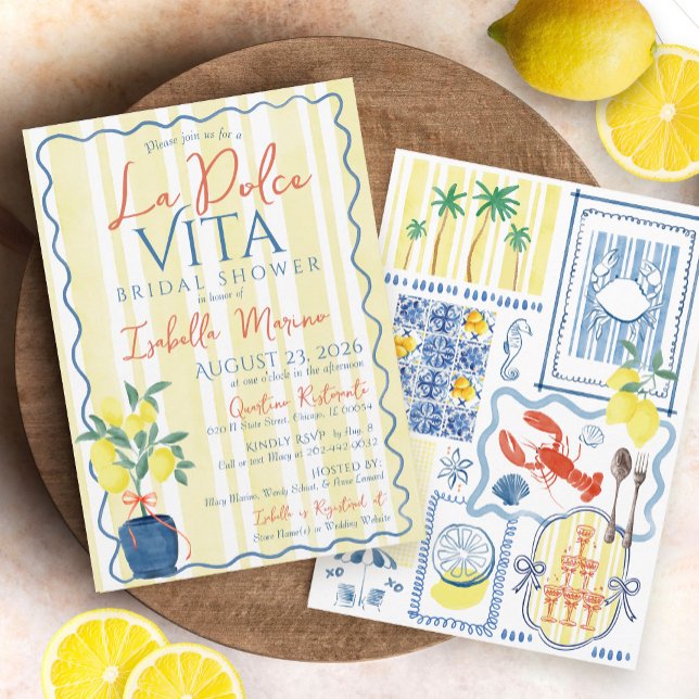 Invitación Ducha de novia Lemon Blue La Dolce Vita (Vintage Italian La Dolce Vita lemons bows coastal chic seaside mediterranean tiles bridal shower)