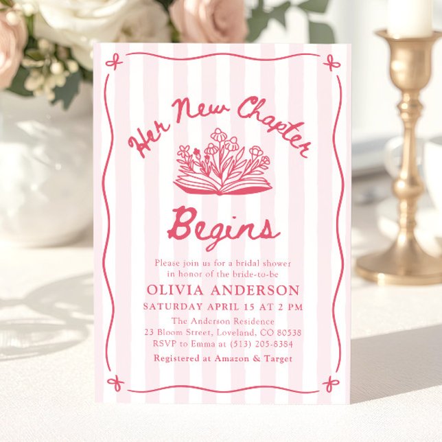 Invitación Ducha de Novia Libro Dibujado a Mano Su Nuevo Capí (Pink Hand Drawn Book Her New Chapter Bridal Shower Invitation)