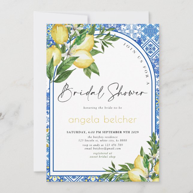 Invitación Ducha de novia limón - Azulejos azules italianos (Anverso)