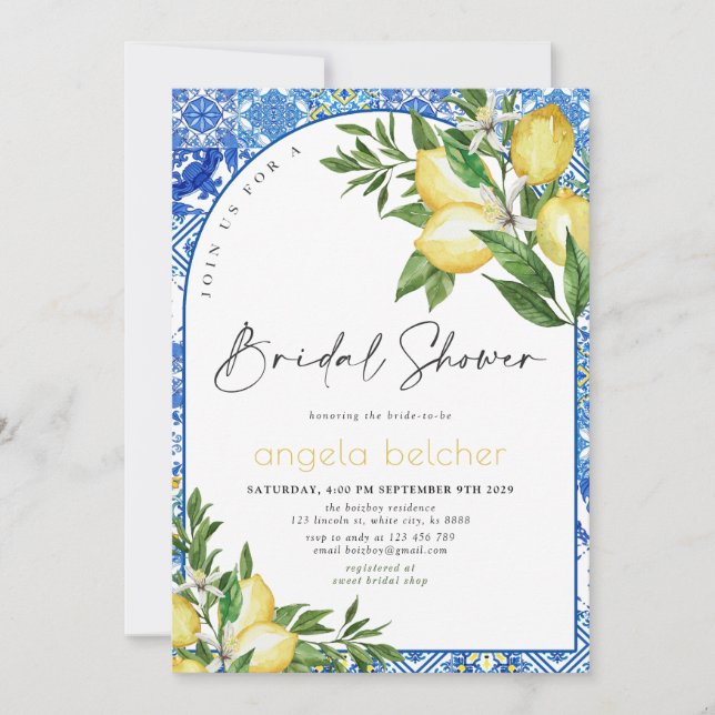 Invitación Ducha de novia limón - Azulejos azules italianos (Anverso)