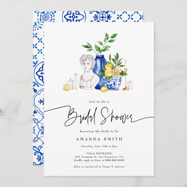 Invitación Ducha de novia limón de la Italia mediterránea (Anverso / Reverso)