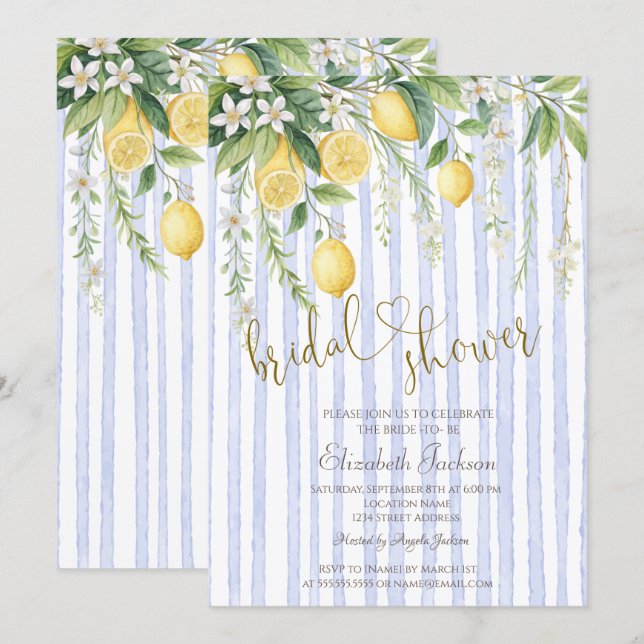 Invitación Ducha de Novia Limones Floridos Rayas Azules (Anverso / Reverso)