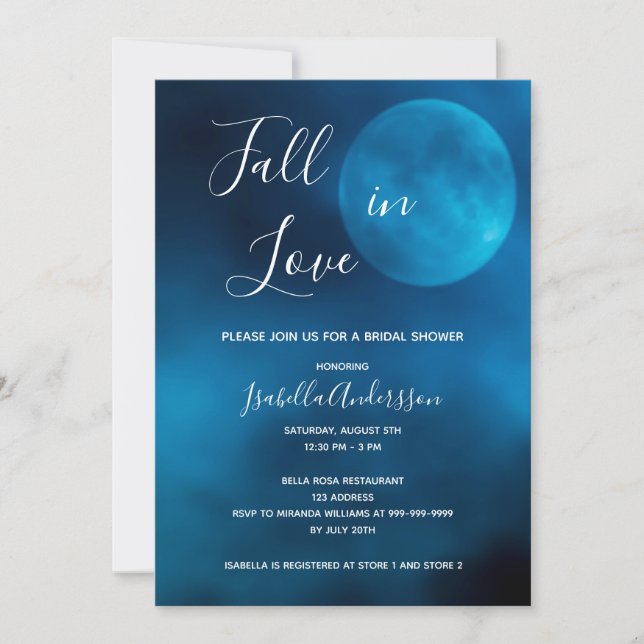 Invitación Ducha de novia luna azul caída en amor romántico (Anverso)