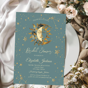 Invitación Ducha de Novia Luna Celestial, Sol Estrellas Verde