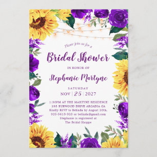 Invitación Ducha de Novia Luz de Borde Floral Púrpura Girasol