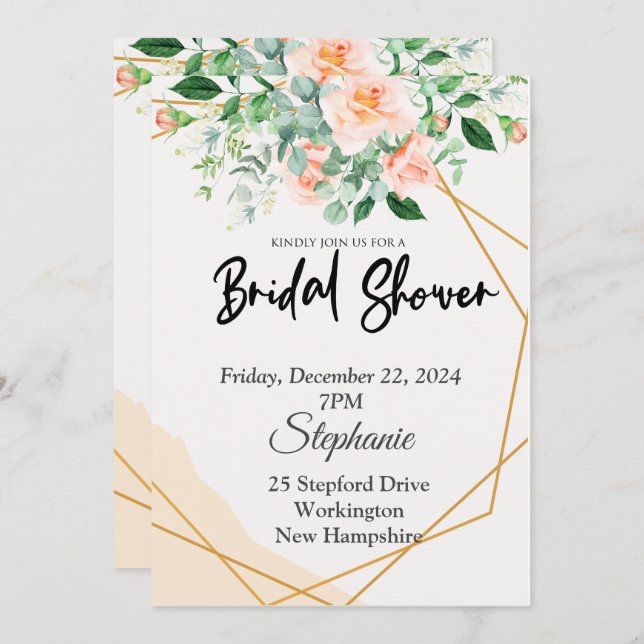 Invitación Ducha de novia, marco dorado, flores de ping (Anverso / Reverso)