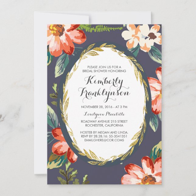 Invitación ducha de novia marina y dorada (Anverso)