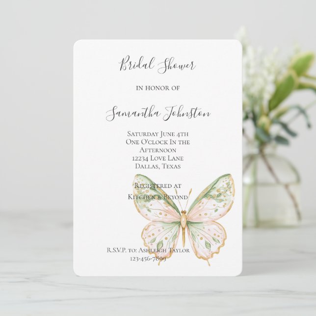 Invitación Ducha de Novia Mariposa Rosa Rubor Verde Menta Dor (Anverso de pie)