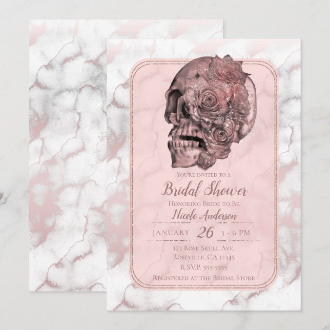 Invitación Ducha de Novia Mármol Calavera Rosa Dorado Glam (Anverso / Reverso)