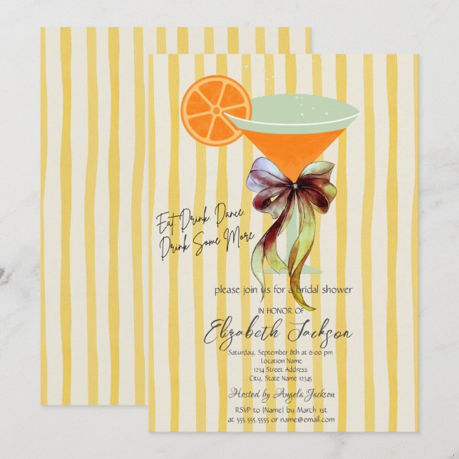 Invitación Ducha de Novia Martini Amarillo Rayas Lazo  (Anverso / Reverso)