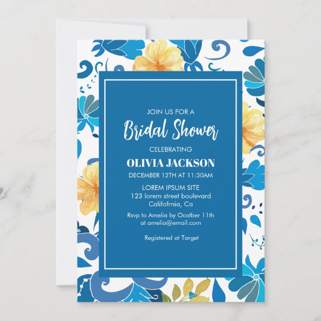 Invitación Ducha de novia mediterránea azul y amarilla (Anverso)