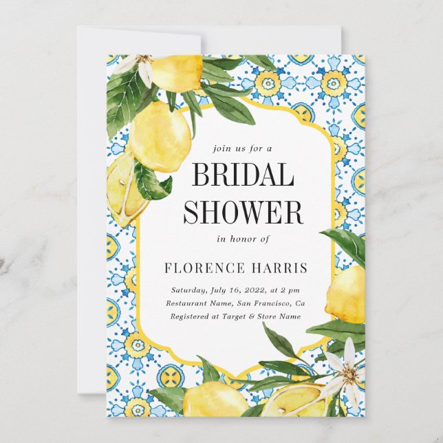 Invitación Ducha de novia mediterránea limón amarillo simple (Anverso)