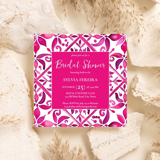 Invitación Ducha de novia mexicana de talavera española negri (Bold pink Spanish talavera tiles folk pattern Mexican Hacienda bridal shower Invitation template)