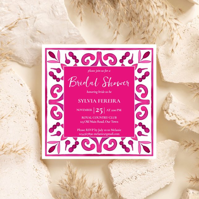 Invitación Ducha de novia mexicana de talavera española negri (Bold pink Spanish talavera vintage Mexican Hacienda bridal shower Invitation template download)