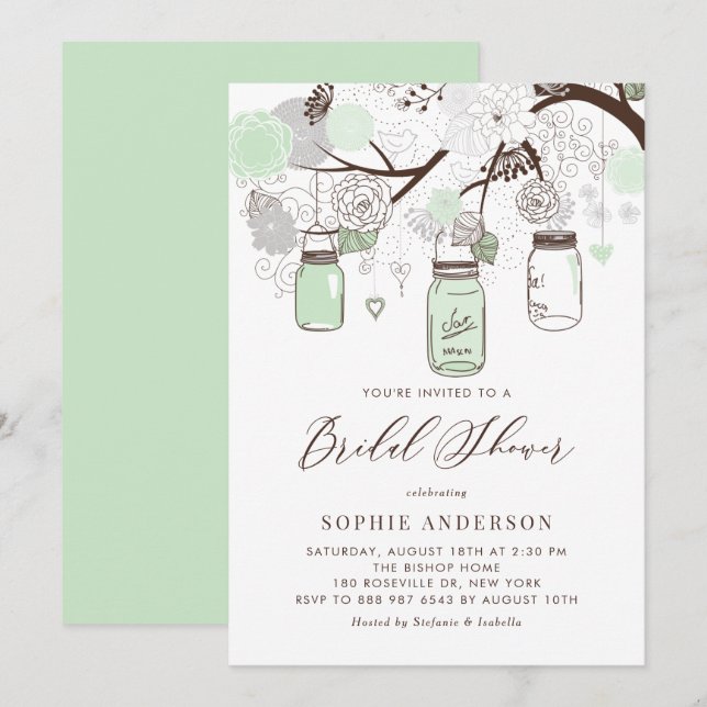 Invitación Ducha de novia Mint Green Mason Jars (Anverso / Reverso)