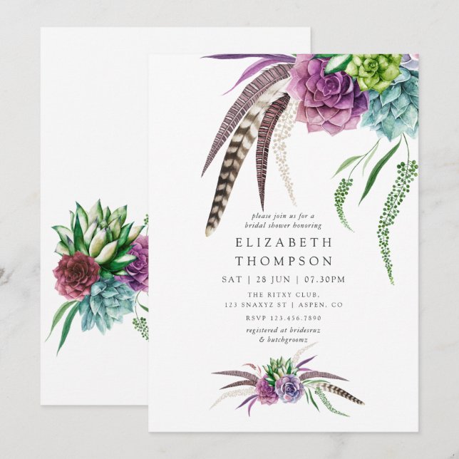 Invitación Ducha de Novia Mística Boho de Suculentas (Anverso / Reverso)