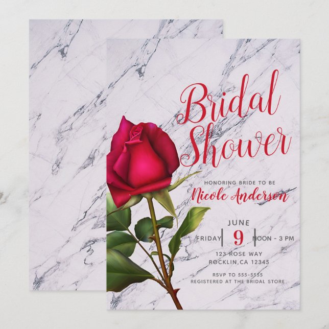Invitación Ducha de novia moderna con canicas de rosa roja (Anverso / Reverso)