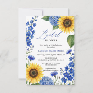 Invitación Ducha de Novia Moderna de Girasoles Florales Azul